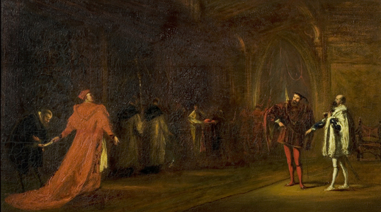 'Henry VIII', Act I, Scene 1, Cardinal Wolsey and Buckingham, c.1861 (oil on panel)