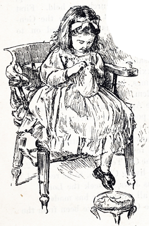 Small girl sewing, while seated, 1893