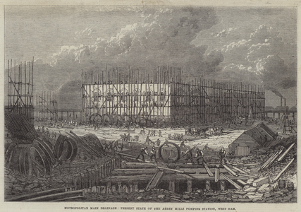 Metropolitan Main Drainage, Present State of the Abbey Mills Pumping Station, West Ham (engraving)