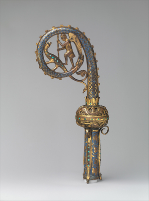 Head of a Crozier with Saint Michael Slaying the Dragon, 1220-30 (champleve enamel, copper-gilt, glass paste)