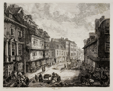 An etching of a street in Shrewsbury. 19th century.