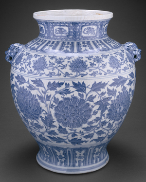 Jar with Lotus and Peony Scrolls and Lion-Mask Handles, inscription dated 1437 (porcelain painted in underglaze blue)