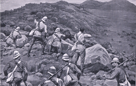 Pursuit of De Wet's rearguard in the Takesberg, from After Pretoria: The Guerilla War published by Harmsworth Bros Limited, 1901 (litho)