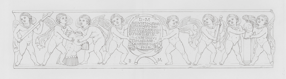 Cupids and armour, ancient Roman marble relief (engraving)