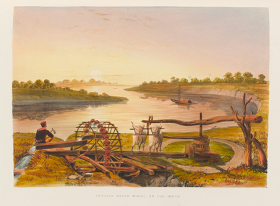 Persian Water Wheel on the Indus, 1838 circa (coloured lithograph)