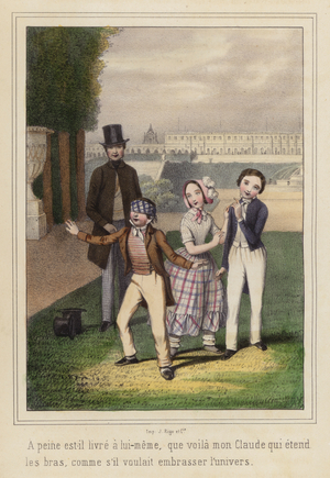 Boy playing blind man's buff (colour litho)