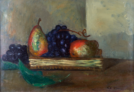 Still Life with Pear, Grapes and Apple (oil on canvas)
