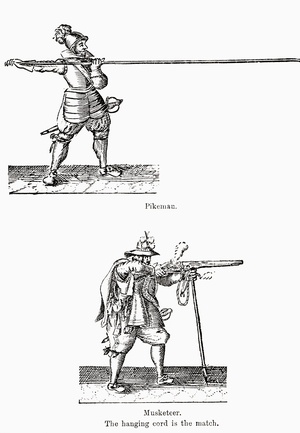 A Pikeman and Musketeer during the English Civil War.  From The Story of England, published 1930.