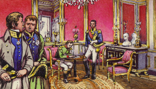 Napoleon signs the articles of abdication at the Palace of Fontainbleau (gouache on paper)