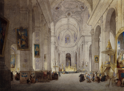 The Interior of the Church of St. Sulpice, Paris,  (pencil, pen and brown ink and watercolour)