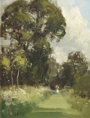 Anglesey Abbey Gardens with a Lady in White on a Grass Path holding a Parasol (oil on panel)