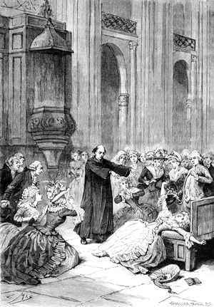 Exorcism: Father Hervier magnetizing a hysterical woman, 18th century (engraving)