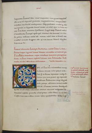 Illuminated initial 'C'(um) at the beginning of chapter 1 of book 1