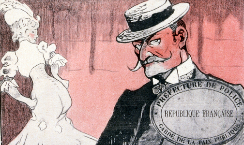 French police surveying a prostitute before arresting her. 19th century France. French illustration 1890