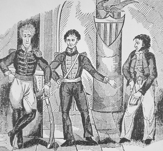 Jean Lafitte, the pirate chief (left), offers his services to Governor Claiborne (middle) and General Andrew Jackson (engraving)