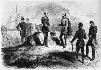 Italy 1860: struggle for independence Interview near the mole of the Quarantine in Palermo of the general charges of treating the aemistice after a sketch by Mr Feranti