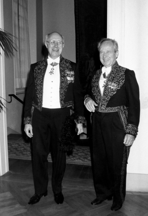 Mstislav Rostropovitch and Marcel Landowski Wearing The Suit of The French Academy of Fine Arts October 26, 1988 (b/w photo)