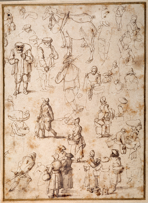 Studies of Peasants from Life (pen & ink with wash on paper)
