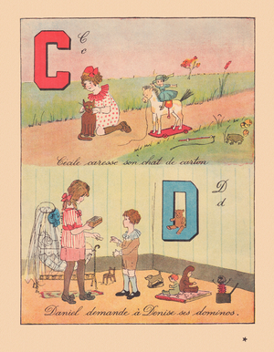 Cecile caresses her cardboard cat. Daniel asks Denise for her dominoes., around 1920 (print)