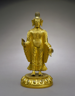 Standing Buddha, 15th century (bronze with gilding)