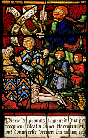 Window w2 depicting a donor with family and St Peter (stained glass)