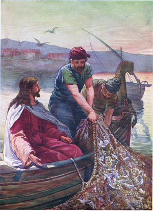 A great draught of fishes, from The Bible Picture Book published by Thomas Nelson, c.1950 (colour litho)