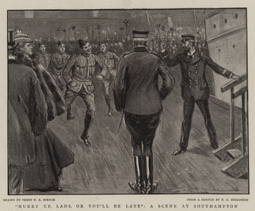 "Hurry up, Lads, or you'll be late", a Scene at Southampton (litho)