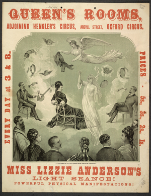 Poster for 'Miss Lizzie Anderson's light seance!' at the Queen's Rooms, Westminster, 1876 (colour litho)