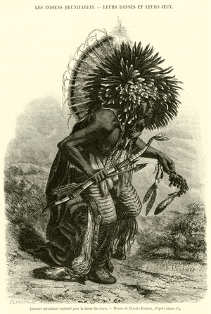 Guerrier meunitarri costume pour la danse du chien (engraving)