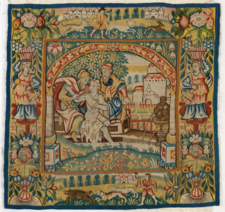 Tapestry cushion cover depicting Susannah at the Bath (one of set of six Sheldon Tapestries, 47.9 to 47.14), made in Sheldon, England, if genuine, 16th century (wool) 