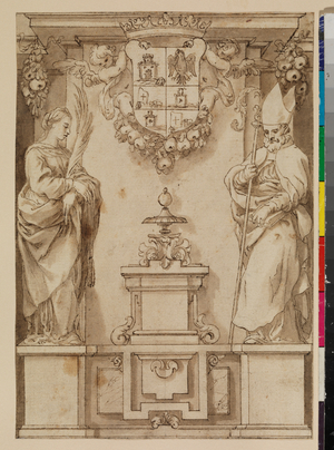Design for a title page with two saints on pedestals and an imaginary Spanish coat of arms, 17th century (traces of black chalk, pen & brown ink, and brown wash, with brown ink framing lines, on laid paper, now laid down on Japanese tissue)