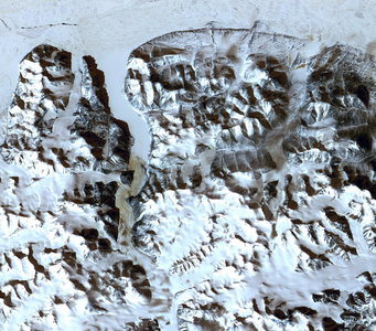 The northernmost land in the world is located in Pearyland, Greenland. May 17, 2003. Satellite image.