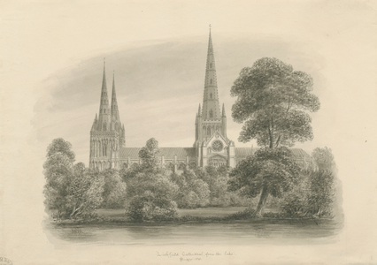 Lichfield Cathedral - South View: sepia drawing, 1841 (drawing)