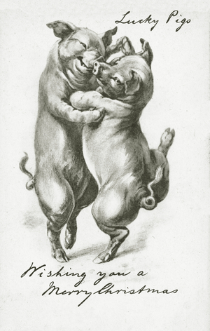 Dancing pigs, Christmas greetings card (litho)