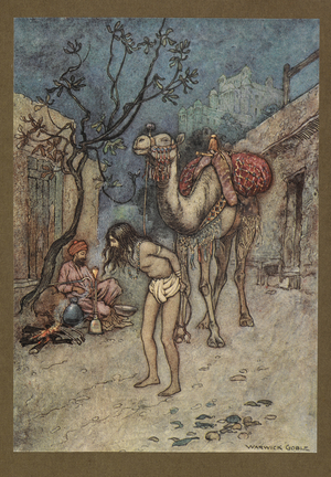 Plate 16: "The camel-driver alighted, tied the camel to the tree on the spot, and began smoking."Folk-Tales of Bengal ... With 32 illustrations in colour by Warwick Goble. (Edition de luxe.). 1914