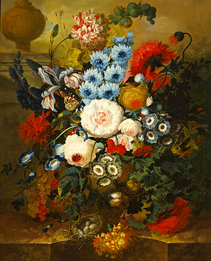 Carnations, Morning Glory, Roses, Auriculas, Hyacinth and other Flowers, with a Bird's Nest on a Marble Ledge, 1760-69 (oil on canvas)