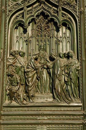 Italy. Milan Cathedral. Main gate. The marriage of the Virgin Mary.