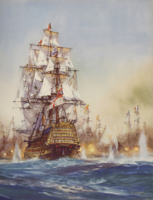 HMS Victory at the Battle of Trafalgar, 1805 (colour litho)
