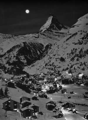 High angle view of a village lit up at night, Matterhorn, Switzerland