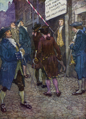 Richard Arkwrights barbers shop in fashion (colour litho)