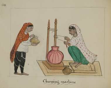 Two women with a churning machine, 1890 (pencil, watercolour, pen & ink on paper)