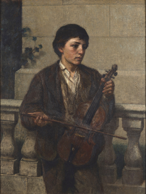 Street Musician 1800 (Oil on canvas, mounted to Masonite)