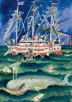 Fishing Boat with Whale, 1922 (w/c & pen and India ink on paper)
