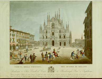 Beggars, street-sellers, priests, soldiers, an officer on horseback, a shoe-shiner and a crowd of spectators gathered around a puppet show, passers-by and a town crier in Milan's porticoed Piazza del Duomo in the foreground. Shops under the arches on both sides and facade of the cathedral, carriages and the Royal Palace and Piazzeta Reale in the background