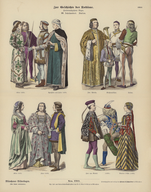 Italian costumes, 15th Century (coloured engraving)