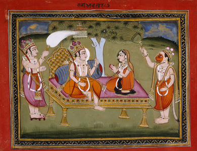 Or. 13805 f.373 King Rama on a throne, illustration from 'The Bhagavatapurana (Purana of the Blessed Lord)' by Kalurama, 1806 (ink, colour & gold on paper)