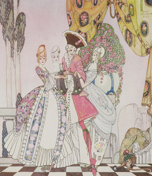 Each was delicious in her different way; and, for the life of him, he could not make up his mind! illustration from, In Powder and Crinoline: Old Fairy Tales, retold by Arthur Quiller-Couch (1863-1944), pub.1913 (colour litho)