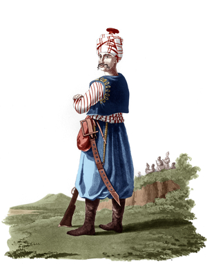 A janissary of ottoman empire army, engraving, 19th century