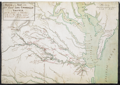 March of the ARMY under Lieutenant General Earl Cornwallis in Virginia from the Junction at Petersburg on the 20th of May, til their arrival at Portsmouth on the 12.th of July 1781, 1781 (pen & ink with w/c on paper)