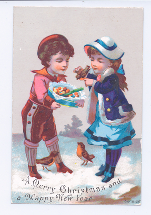 A Victorian Christmas and New Year card of two girls, one with a robin perched on her hand, c.1880 (colour litho)